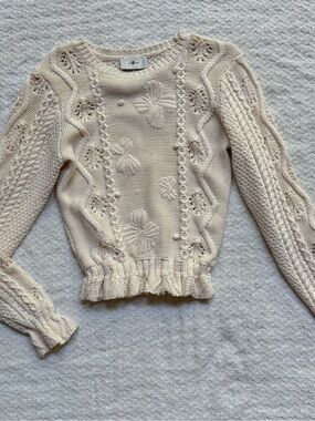 7 For All Mankind Bobble Sweater Cream Knit Floral Cable-Detail Sweater